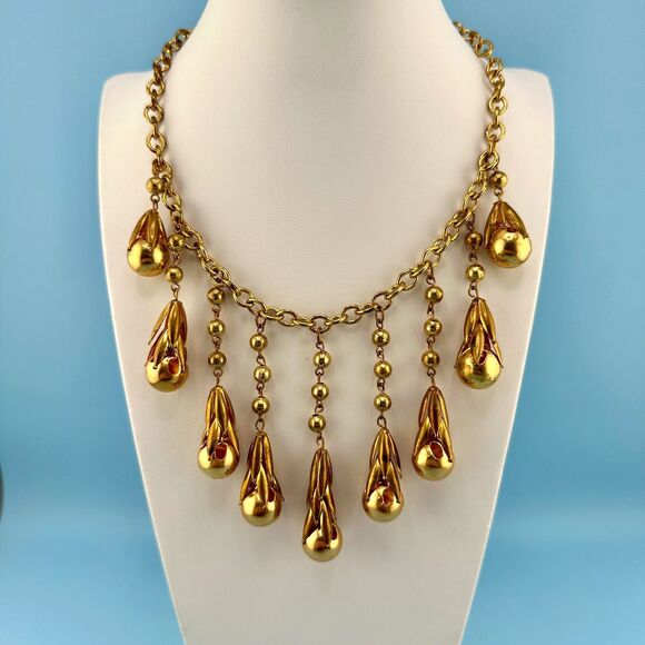 Estate Jewelry - Vintage Art Deco Necklace Fringe Chain Antiqued Gold Tone Etruscan Revival State